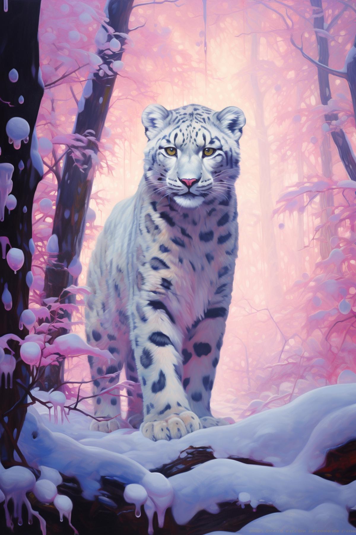 a painting of a snow leopard in a forest, full body, winter, cold, snowy, snowfall, in the style of dreamlike illustrations, light violet and light pink, realistic depiction of light, victor nizovtsev, 32k uhd