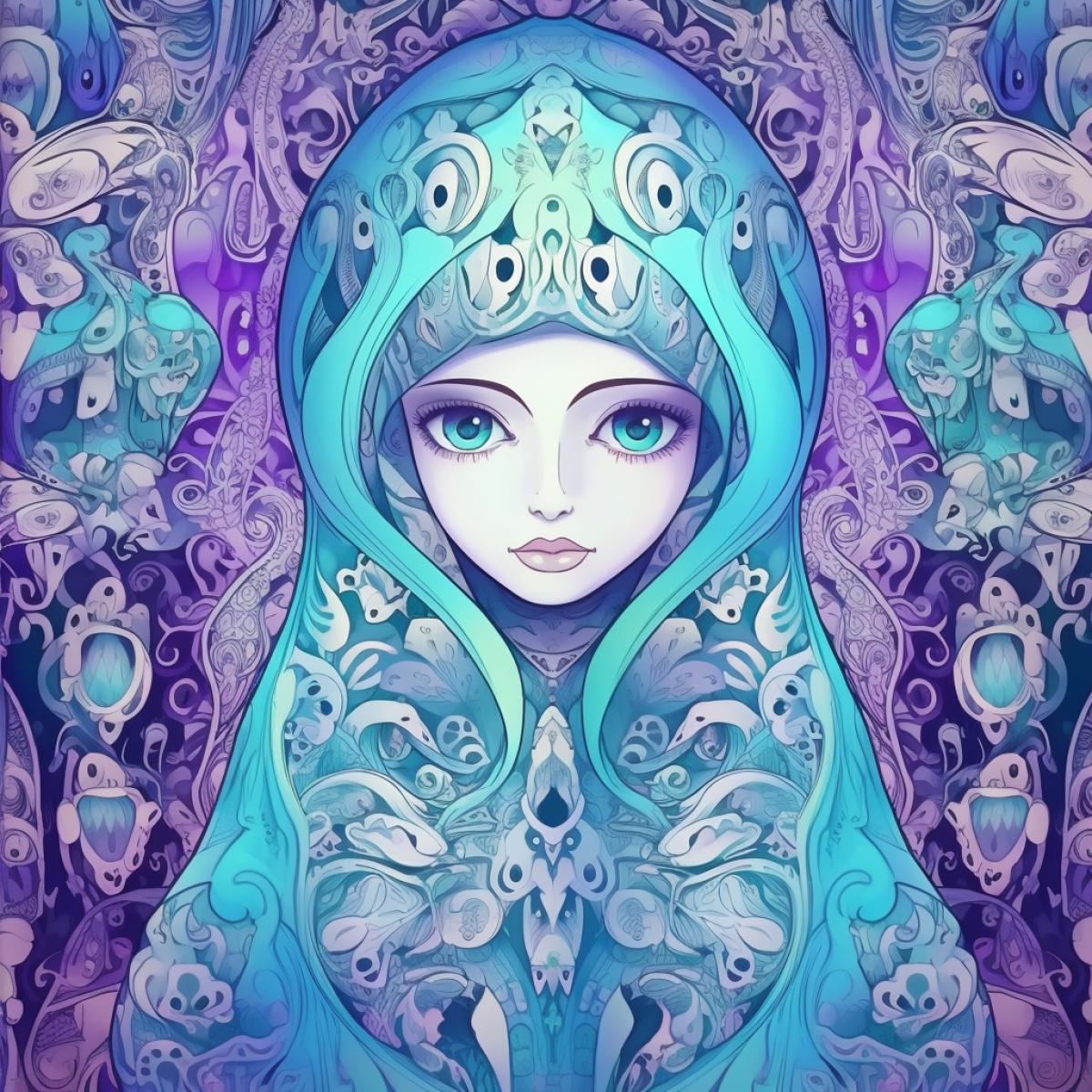 matryoshka in Neural Network Rococo style, featuring, purple and turquoise intricate, ornate designs generated by neural networks