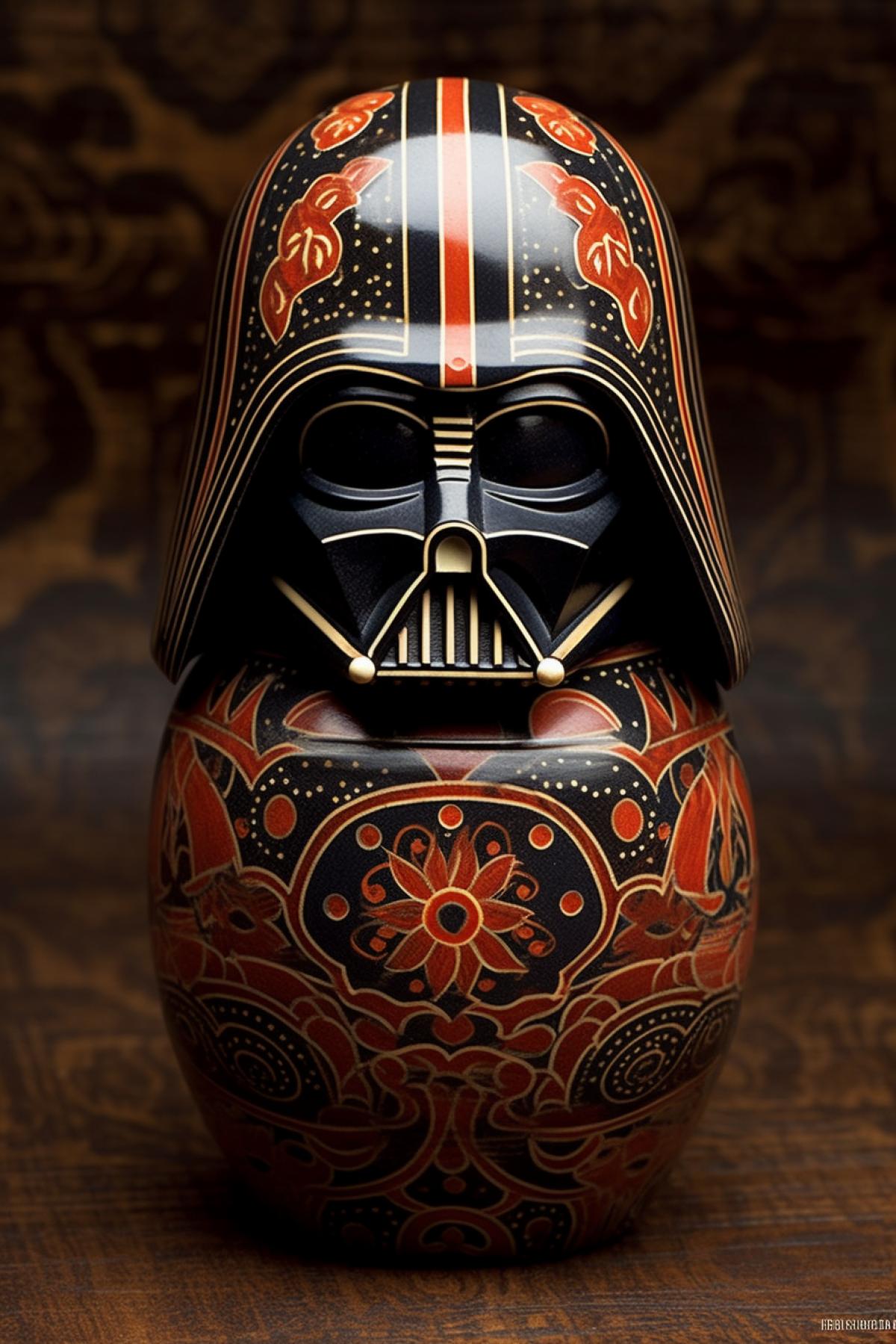 Darth Vader, In the style of Matryoshka, Nested Doll Artistry Rich Earth Tones, Traditional Russian Folklore Motifs, Ornate Floral Patterns, Matryoshka Portraits, Striking Handpainted Details, Intricate Symbolism, Cultural Heritage, Russian Artistry, Narrative Nesting Elegance
