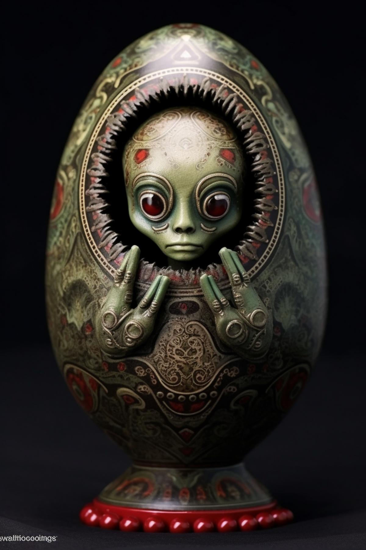 alien, In the style of Matryoshka, Nested Doll Artistry Rich Earth Tones, Traditional Russian Folklore Motifs, Ornate Floral Patterns, Matryoshka Portraits, Striking Handpainted Details, Intricate Symbolism, Cultural Heritage, Russian Artistry, Narrative Nesting Elegance