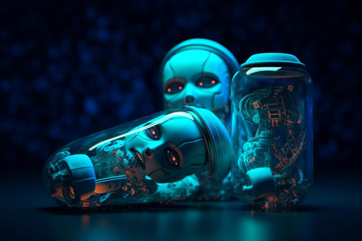 Matryoshka lying on its side is cut in half, in cyberpunk style, neon light, turquoise and azure colors, bizarre mechanisms, high technology, highly detailed photorealistically