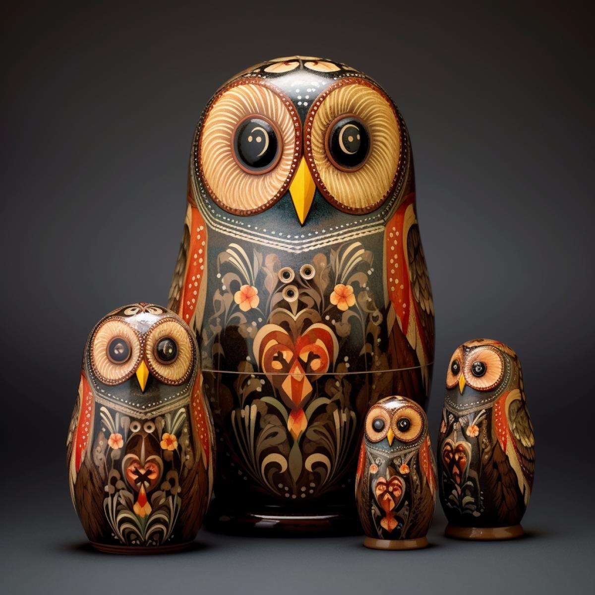 Owl, In the style of Matryoshka, Nested Doll Artistry, funny-shaped nesting doll, Rich Earth Tones, Traditional Russian Folklore Motifs, Ornate Floral Patterns, Matryoshka Portraits, Striking Handpainted Details, Intricate Symbolism, Cultural Heritage, Russian Artistry, Narrative Nesting Elegance