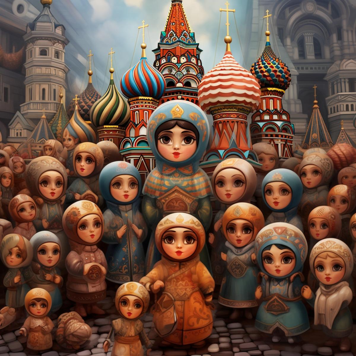 matryoshka dolls on Red Square, Moscow, Nested Doll Artistry, Rich Earth Tones, Traditional Russian Folklore Motifs, Russia, octane rendering, photorealistic, highly detailed, riotous atmosphere, Striking Handpainted Details, Intricate Symbolism, Cultural Heritage, Russian Artistry, Narrative Nesting Elegance