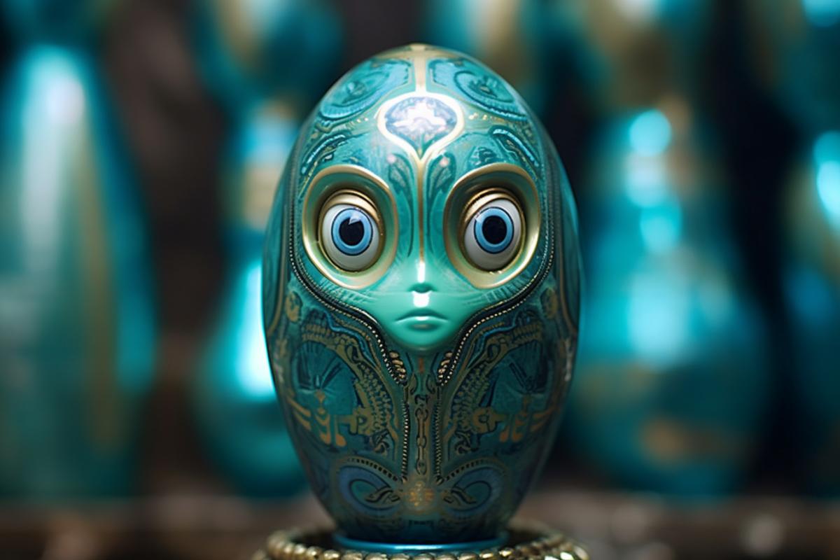 Alien, science fiction horror film directed by Ridley Scott, alien, In the style of Matryoshka, The alien is being extracted from the matryoshka doll in the lab, Traditional Russian Folklore Motifs, Striking Handpainted Details, Intricate Symbolism, Cultural Heritage, Russian Artistry, Narrative Nesting Elegance, in cyberpunk style, neon light, turquoise and azure colors, bizarre mechanisms, high technology, highly detailed photorealistically