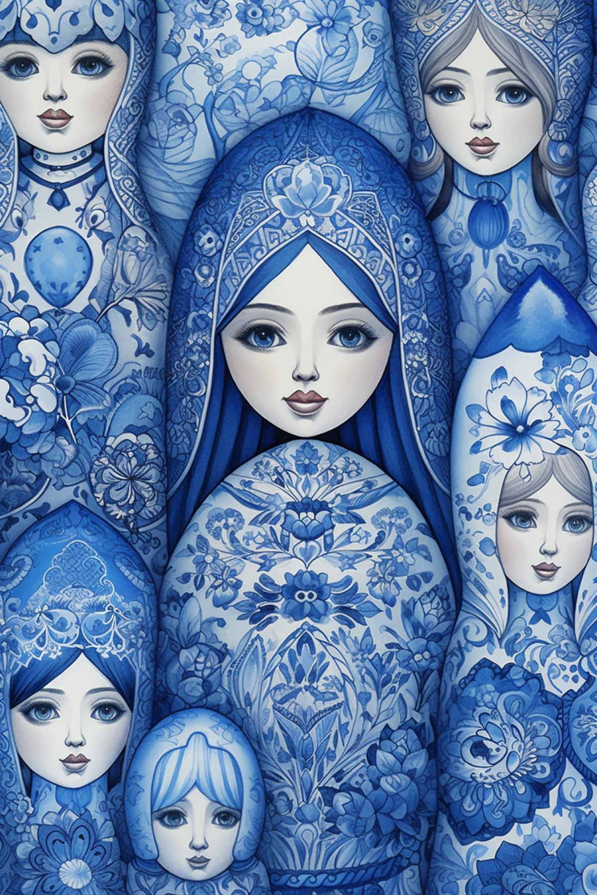 Matryoshka doll, Blue Pen drawing, Royal blue and white colors, Traditional Russian Folklore Motifs, Ornate Floral Patterns, Matryoshka Portraits, Striking Handpainted Details, Intricate Symbolism, Cultural Heritage, Russian Artistry, Narrative Nesting Elegance