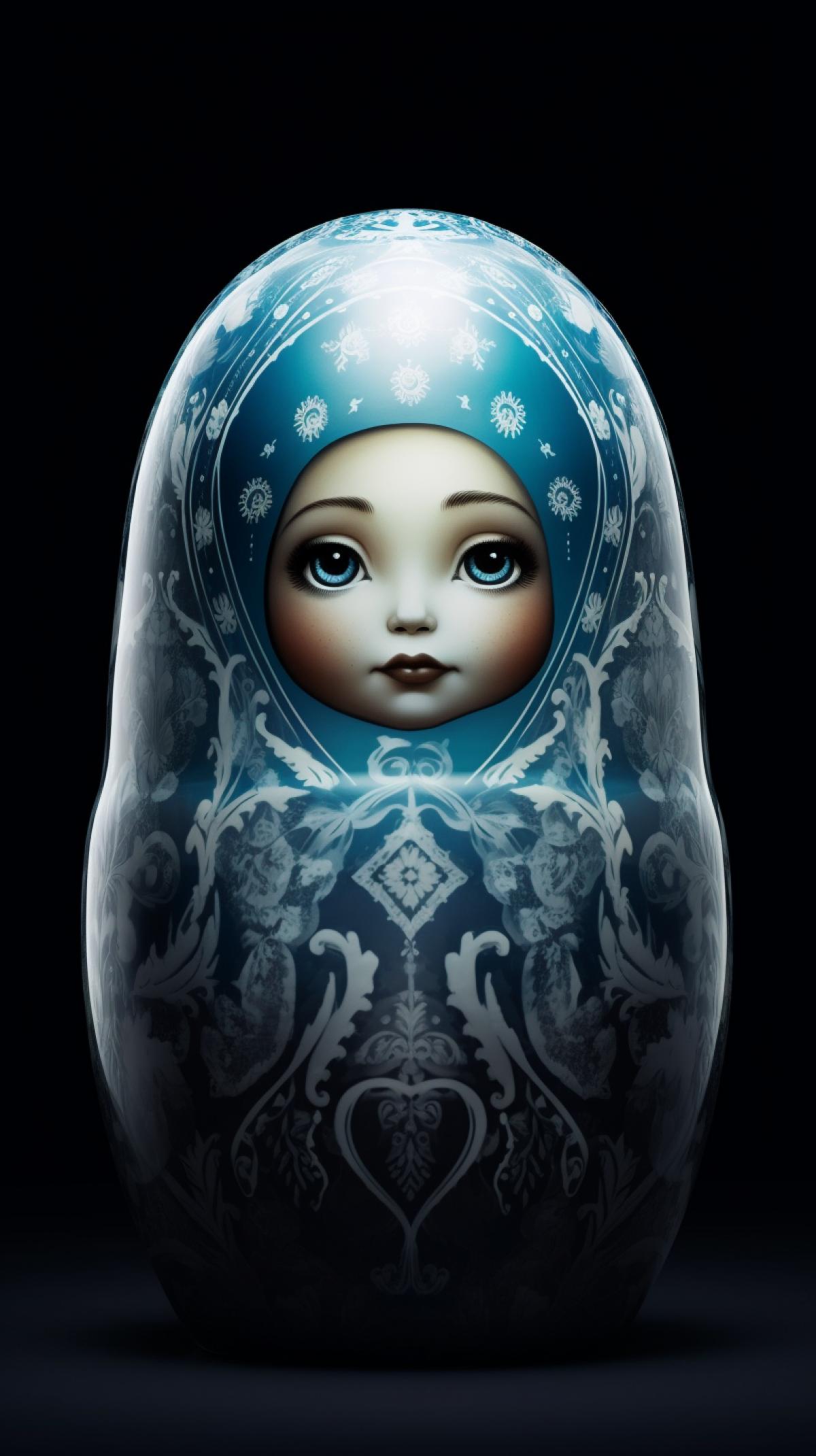 A frozen glowing Matryoshka doll made of ice and snow that reflects the beauty and majesty of the Arctic, high contrast, cinematic style, highly detailed, breathtaking, dark backgroundpp