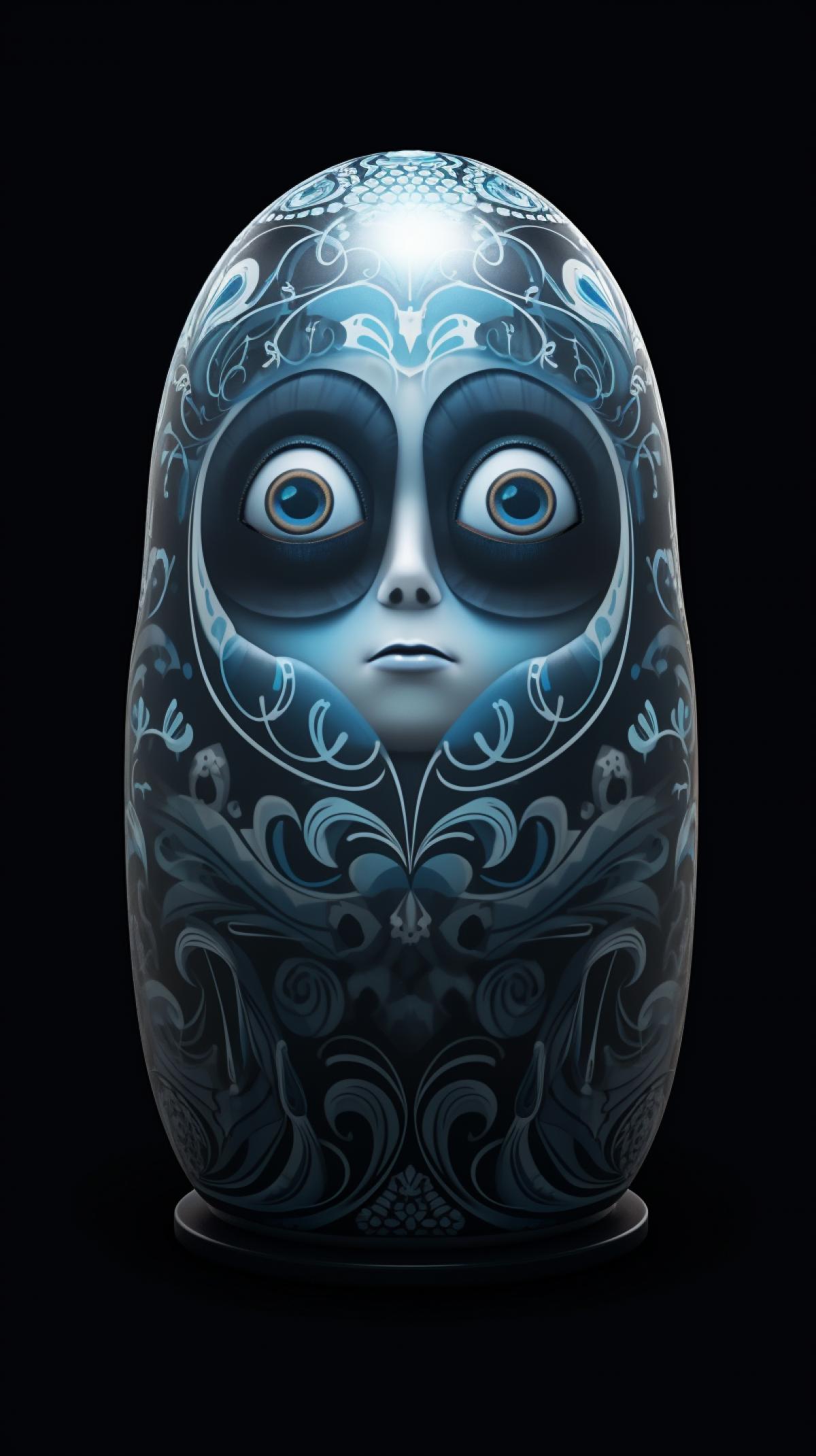 A frozen glowing Matryoshka doll made of ice and snow that reflects the beauty and majesty of the Arctic, high contrast, cinematic style, highly detailed, breathtaking, dark backgroundpp