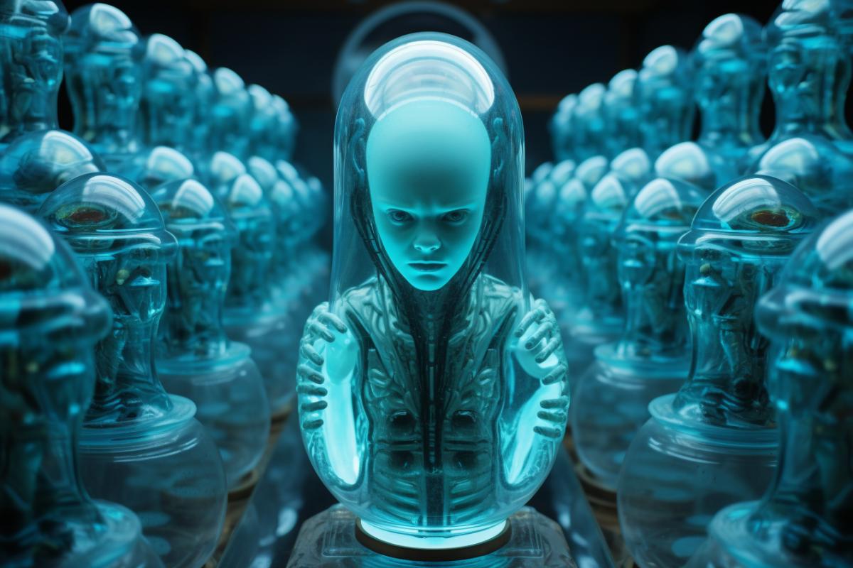 Alien, science fiction horror film directed by Ridley Scott, alien, In the style of Matryoshka, The alien is being extracted from the matryoshka doll in the lab, in cyberpunk style, neon light, turquoise and azure colors, bizarre mechanisms, high technology, highly detailed photorealistically
