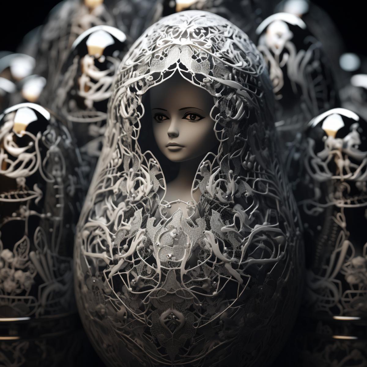 Gothic Matryoshka doll, dark and silver ink drawing, Nested Doll Artistry, Traditional Russian Folklore Motif, 3d, pro photography, octane rendering, openwork lace, neo-Victorian style, cinematic lighting