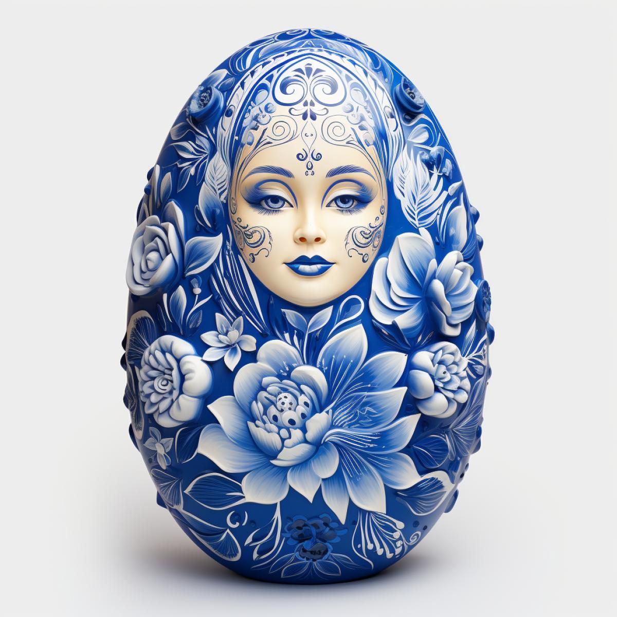 Matryoshka doll, Blue Pen drawing, Royal blue and white colors, Traditional Russian Folklore Motifs, Ornate Floral Patterns, Matryoshka Portraits, Striking Handpainted Details, Intricate Symbolism, Cultural Heritage, Russian Artistry, Narrative Nesting Elegance, 3d, octane rendering