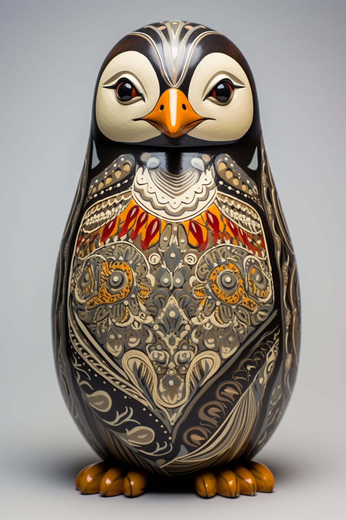 Penguin, In the style of Matryoshka, Nested Doll Artistry Rich Earth Tones, Traditional Russian Folklore Motifs, Ornate Floral Patterns, Matryoshka Portraits, Striking Handpainted Details, Intricate Symbolism, Cultural Heritage, Russian Artistry, Narrative Nesting Elegance