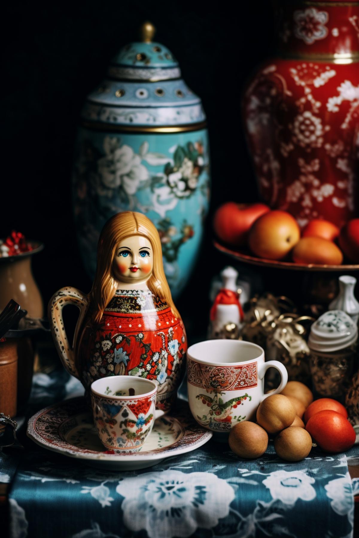 Russian folk matryoshka stands on the table, the table is filled with food and a samovar flaunts