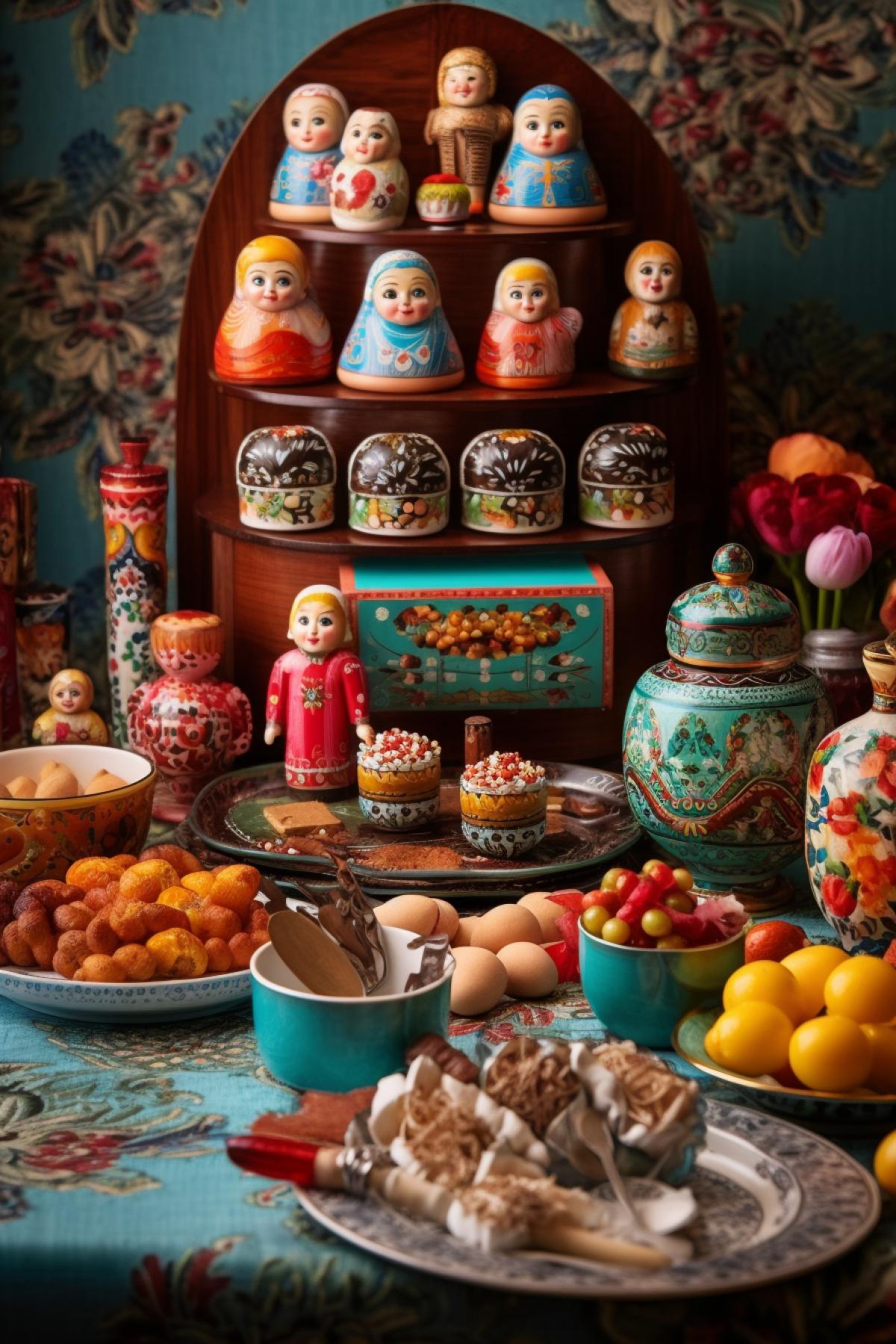Russian folk matryoshka stands on the table, the table is filled with food and a samovar flaunts