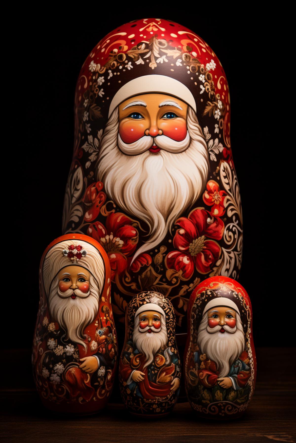 Santa Claus, In the style of Matryoshka, Nested Doll Artistry Rich Earth Tones, Traditional Russian Folklore Motifs, Ornate Floral Patterns, Matryoshka Portraits, Striking Handpainted Details, Intricate Symbolism, Cultural Heritage, Russian Artistry, Narrative Nesting Elegance