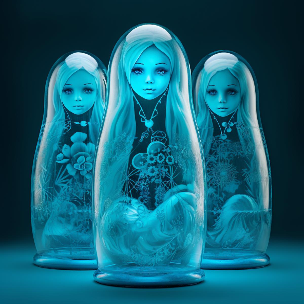 triple exposure X-ray Matryoshka, Nested Doll, turquoise and azure colors