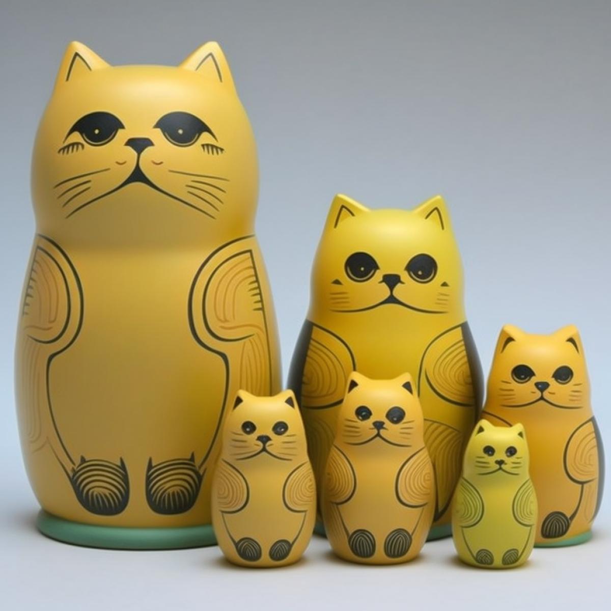 cat figyellow waters like nesting dolls, 7 pieces small, small, smaller, stand side by side