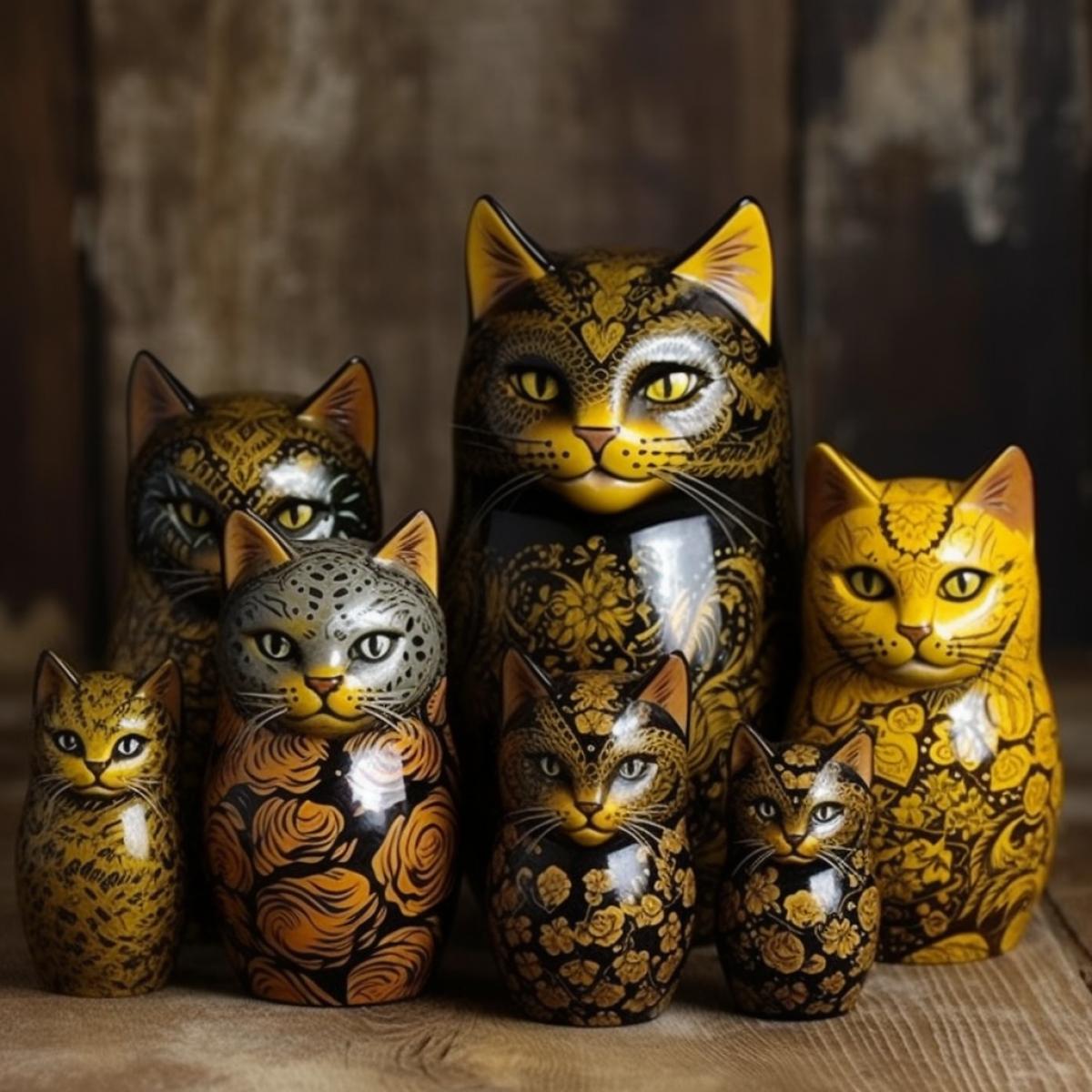 cat figyellow waters like nesting dolls, 7 pieces small, small, smaller, stand side by side, Khokhloma style