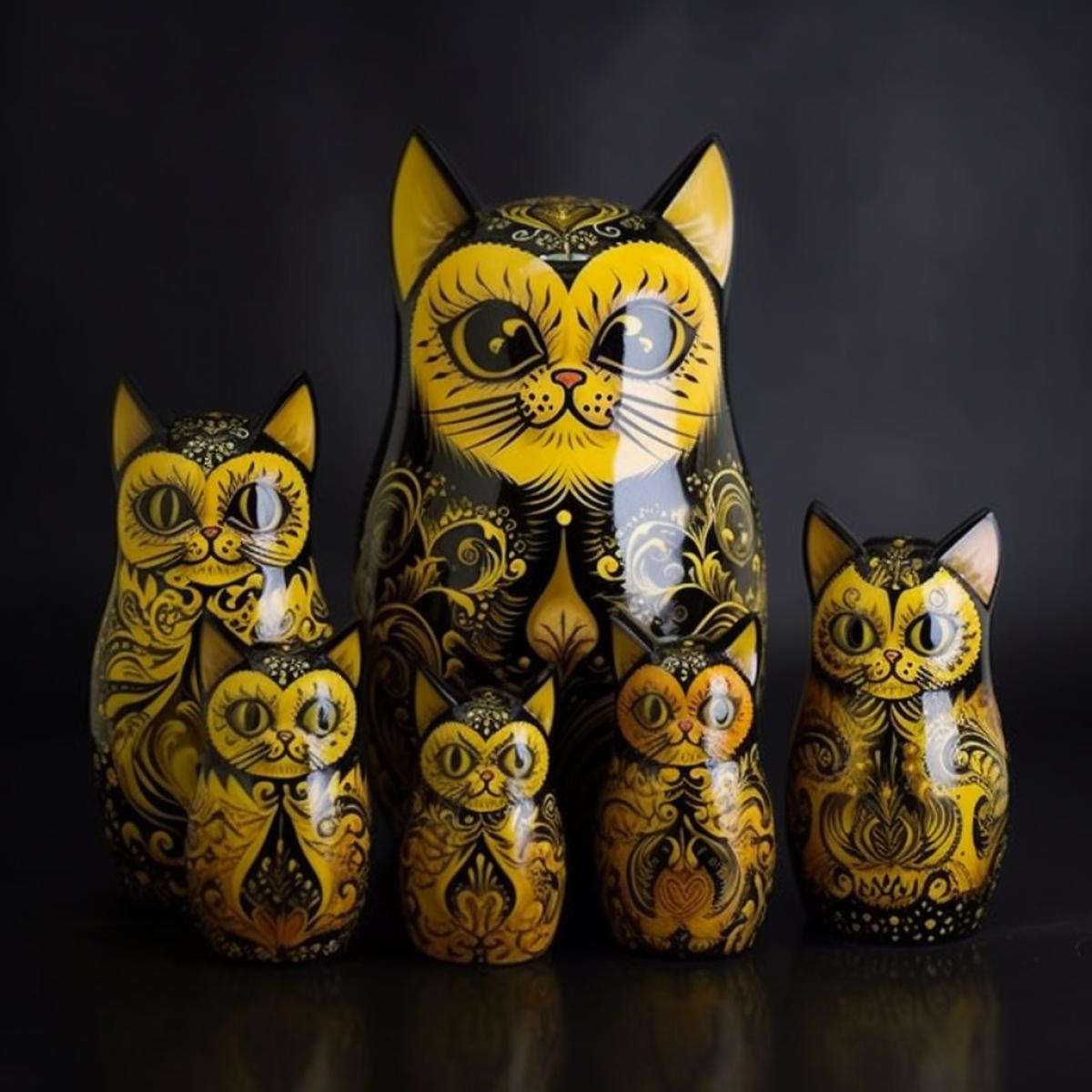 cat figyellow waters like nesting dolls, 7 pieces small, small, smaller, stand side by side, Khokhloma style