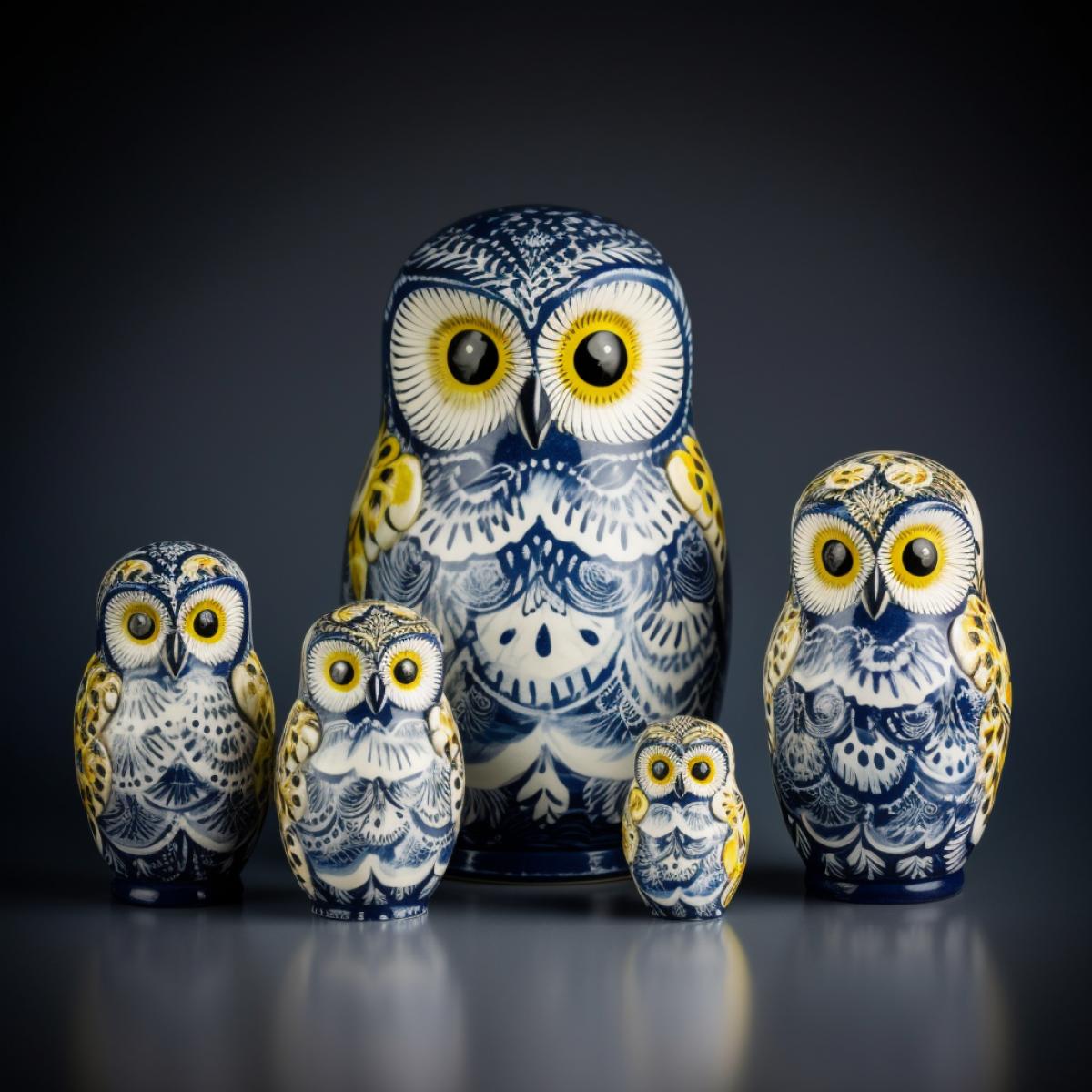 polar owl figyellow waters like nesting dolls, 7 pieces small, small, smaller, standing side by side, Gzhel, beautiful detailed professional photo