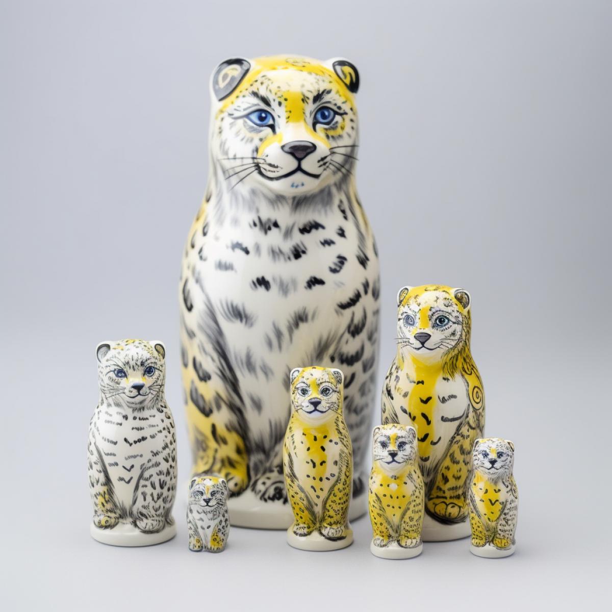 Snow leopard figyellow waters like nesting dolls, 7 small small small pieces stand side by side, Gzhel, beautiful detailed professional photo