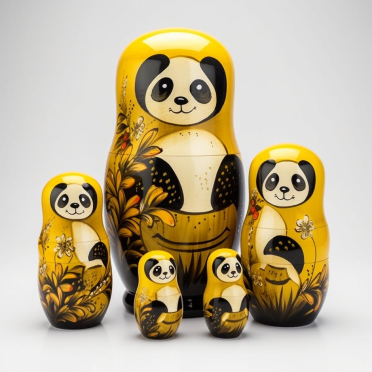 panda figyellow waters like nesting dolls, 7 small, small, smaller pieces stand side by side, beautiful detailed professional photo