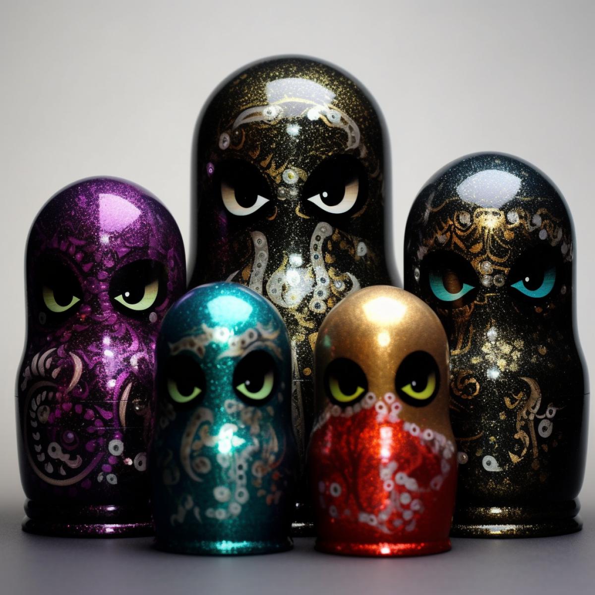 ninja matryoshka. shimmer, sparkles, bright rich colors, gothic style