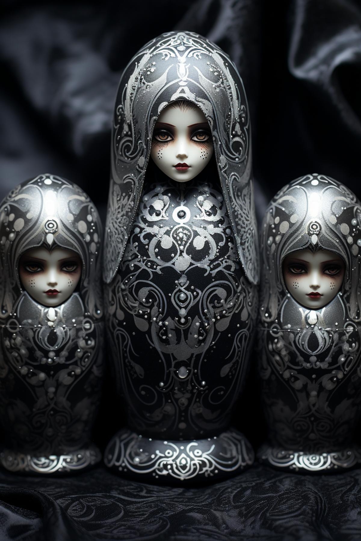 Matryoshka doll shaped vampire, Nested, Doll Artistry, gothic style, dark and silver colors, intricate painting, elegant, highly detailed patterns