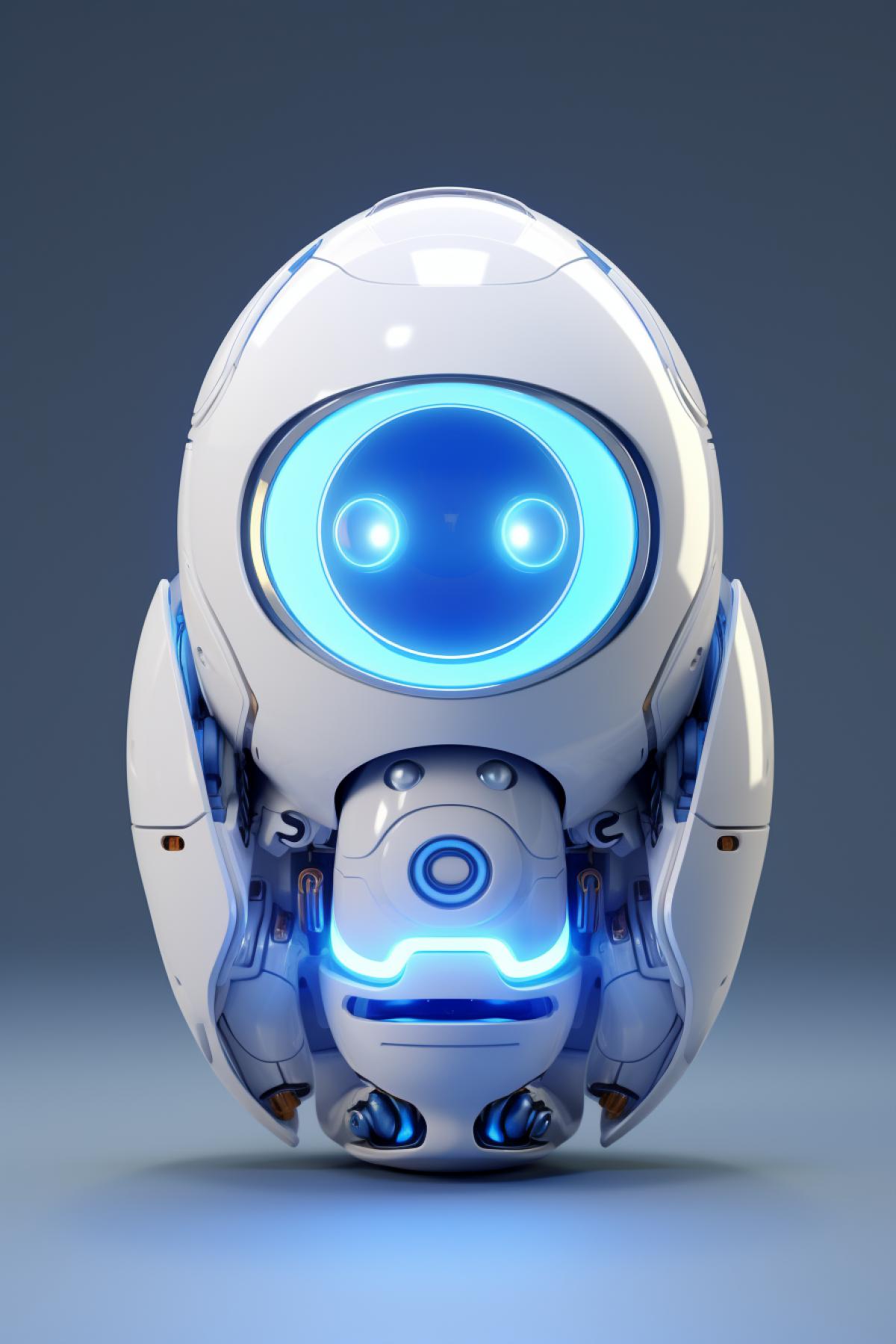 Matryoshka doll shaped robot, Nested Doll, Pixar style, Minimalism, Laconic design, LEDs, neon lights, White and blue, highly detailed, photorealistic, octane render, high tech