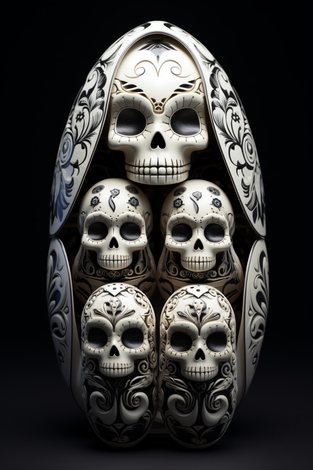 Matryoshka dolls shaped skeleton, Nested Dolls Artistry, dark and white colors, gothic style, highly detailed, photorealistic, octane render