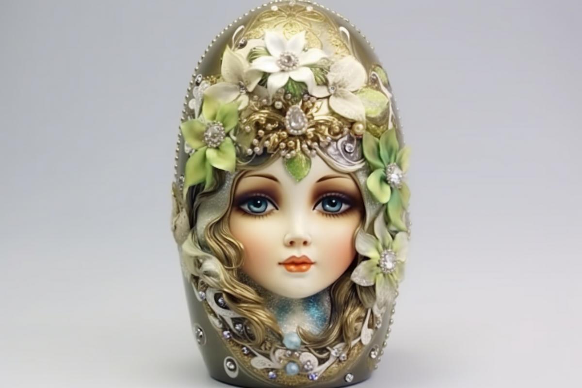 Traditional Russian nesting doll, beautiful face, painted with flowers and herbs, decorated with precious stones, fabergé style