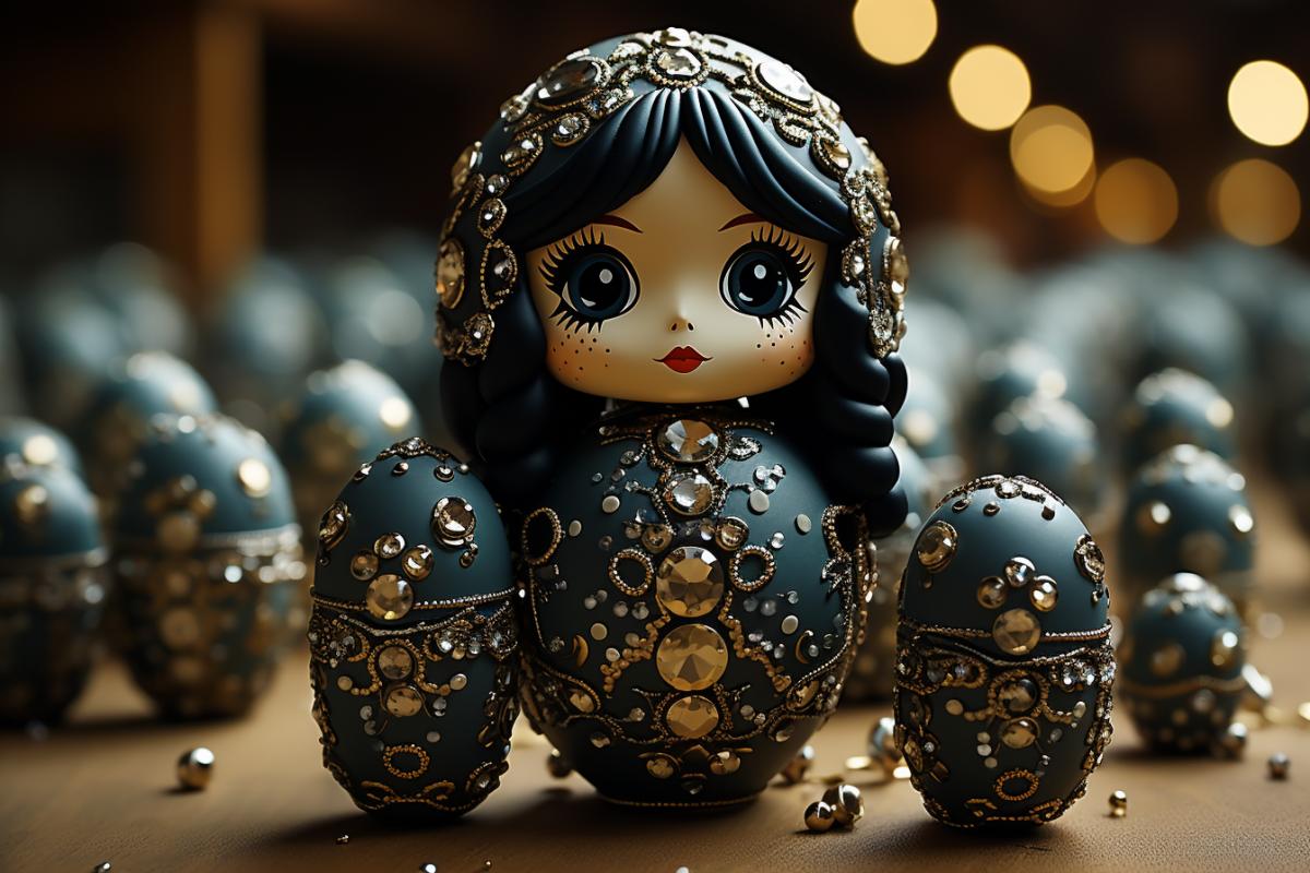 matryoshka doll in steampunk style, doll face, flowers and gears, genuine leather, stylish souvenir, advertising studio photography, golden sparkles