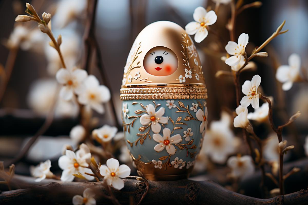 matryoshka doll in steampunk style, doll face, flowers and gears, genuine leather, stylish souvenir, advertising studio photography, golden sparkles