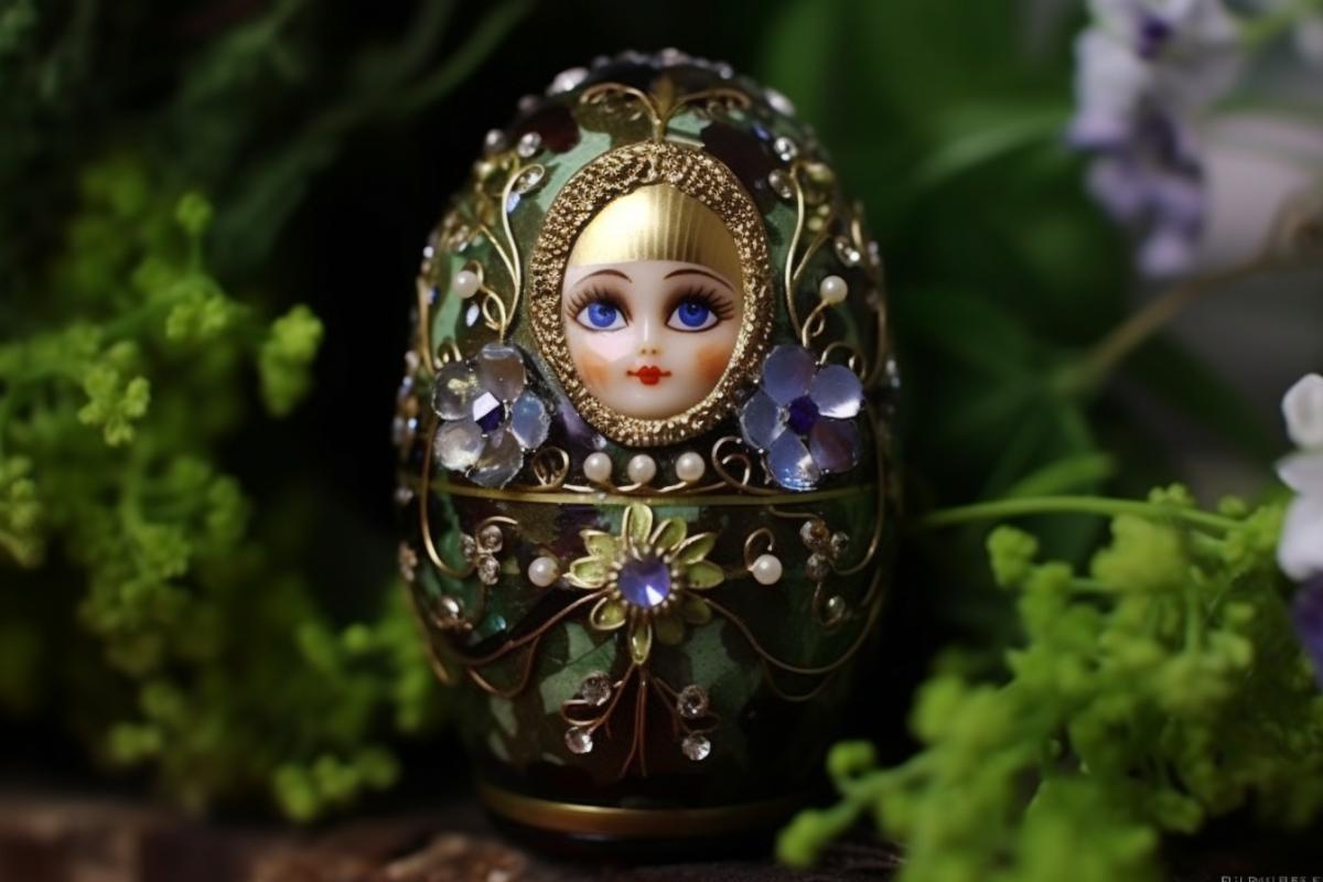 Traditional Russian nesting doll, beautiful face, painted with flowers and herbs, decorated with precious stones, fabergé style