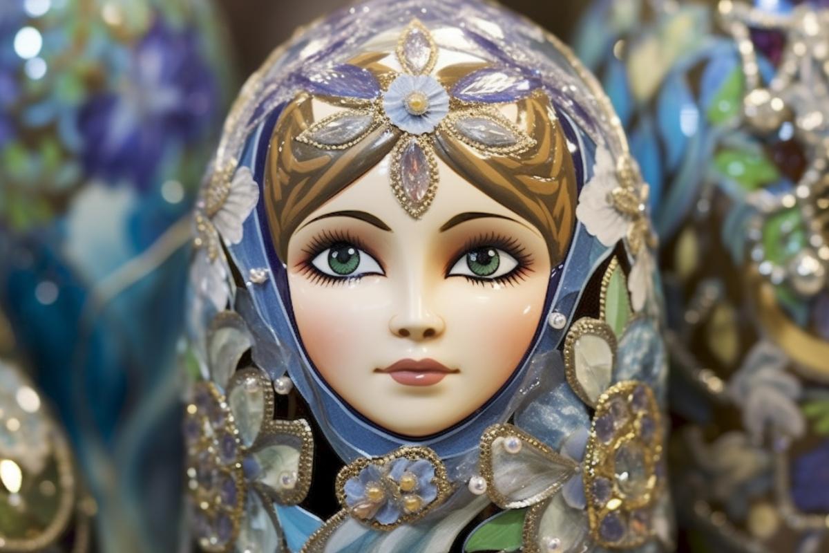 Traditional Russian nesting doll, beautiful face, painted with flowers and herbs, decorated with precious stones, fabergé style