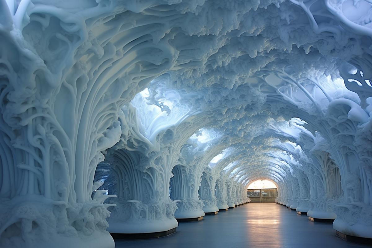 metro station in ice architecture style, ice statues