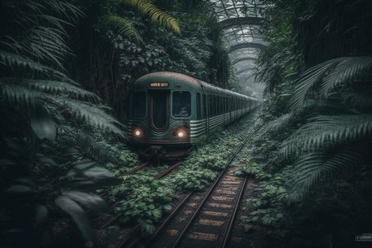 metro station in the dense jungle, professional photo
