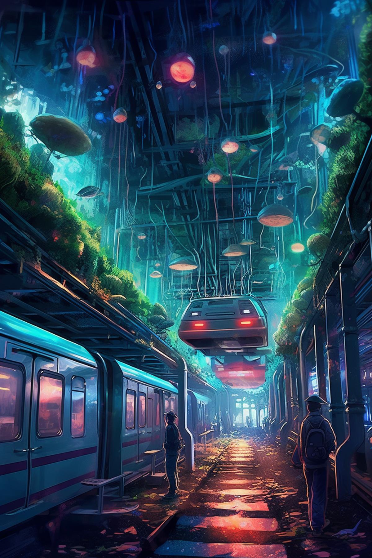 A magical metro station with stolomites hanging from the ceiling, neon mushrooms growing everywhere and everything around illuminated by fireflies