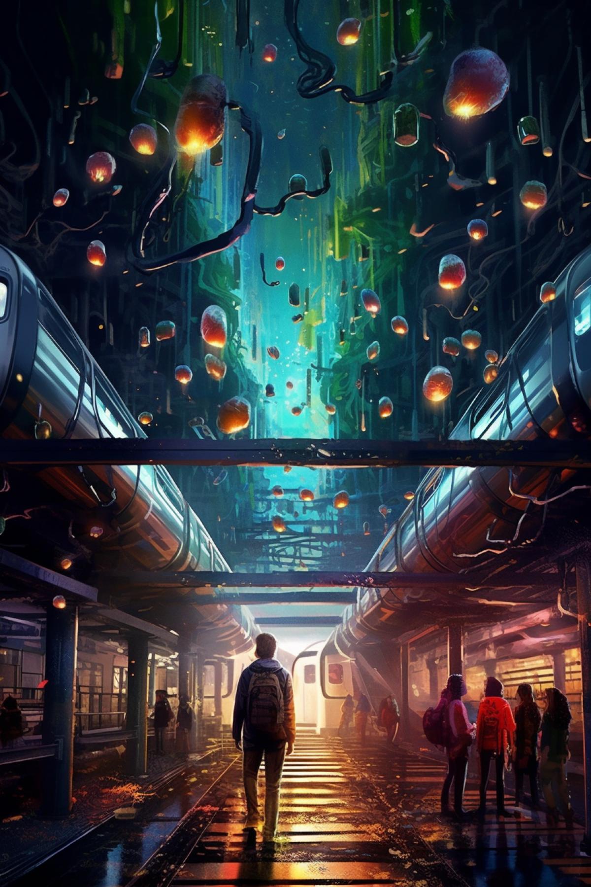A magical metro station with stolomites hanging from the ceiling, neon mushrooms growing everywhere and everything around illuminated by fireflies