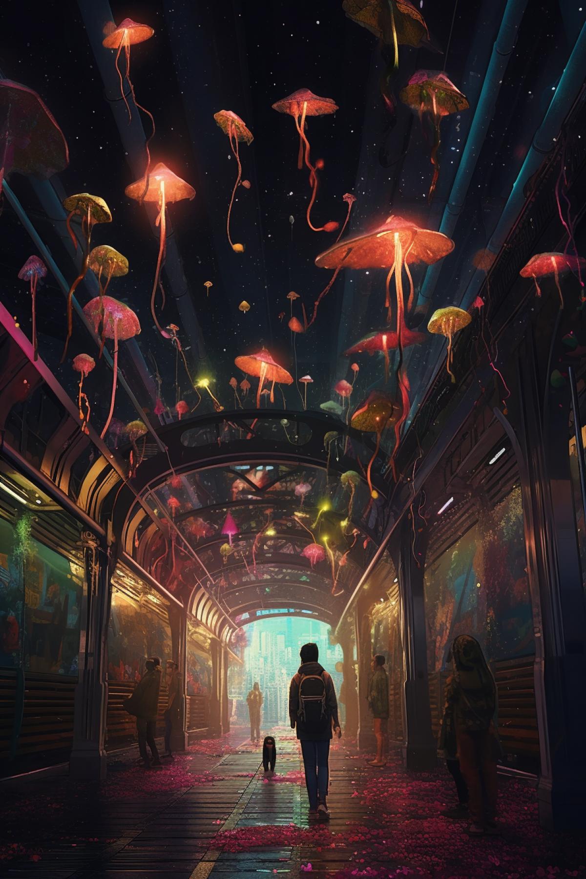 A magical metro station with stolomites hanging from the ceiling, neon mushrooms growing everywhere and everything around illuminated by fireflies