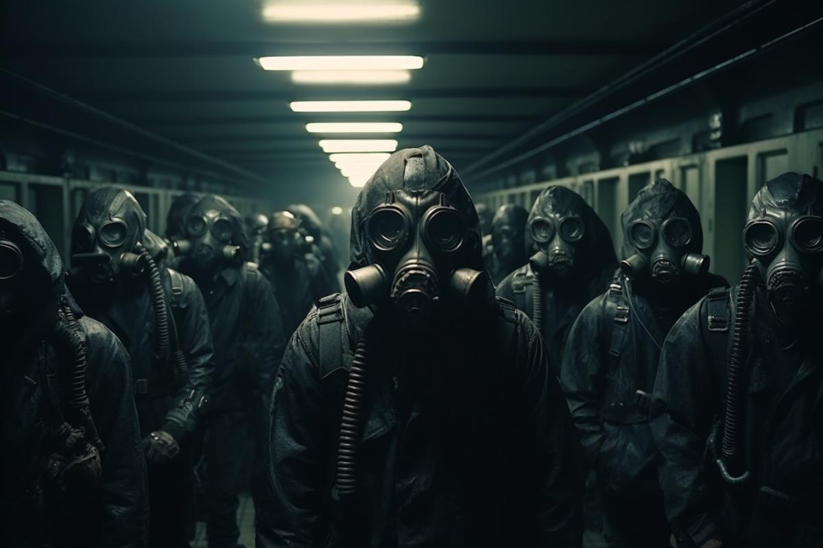 Abandoned subway station filled with people in gas masks, post-apocalyptic, cinematic shot