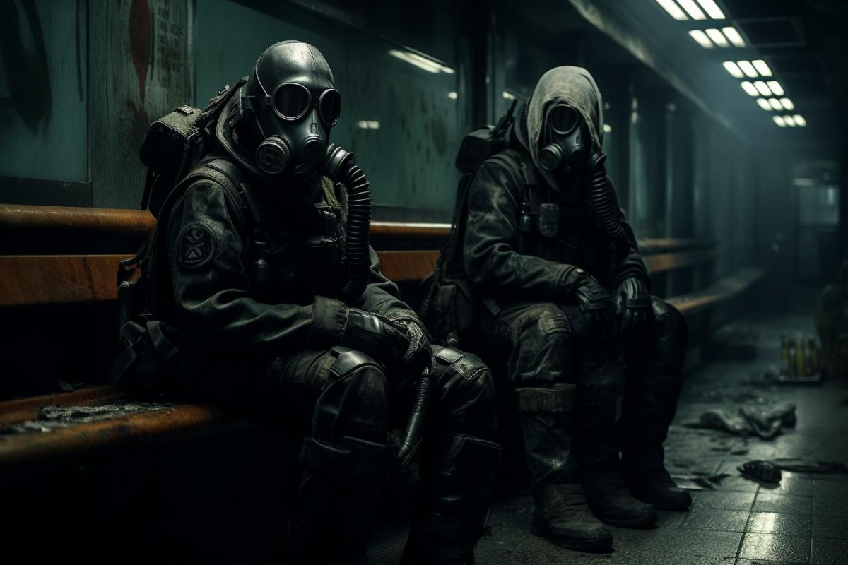 Abandoned subway station, people in gas masks sitting along the platform, post-apocalypse, cinematic shot, metro 2033