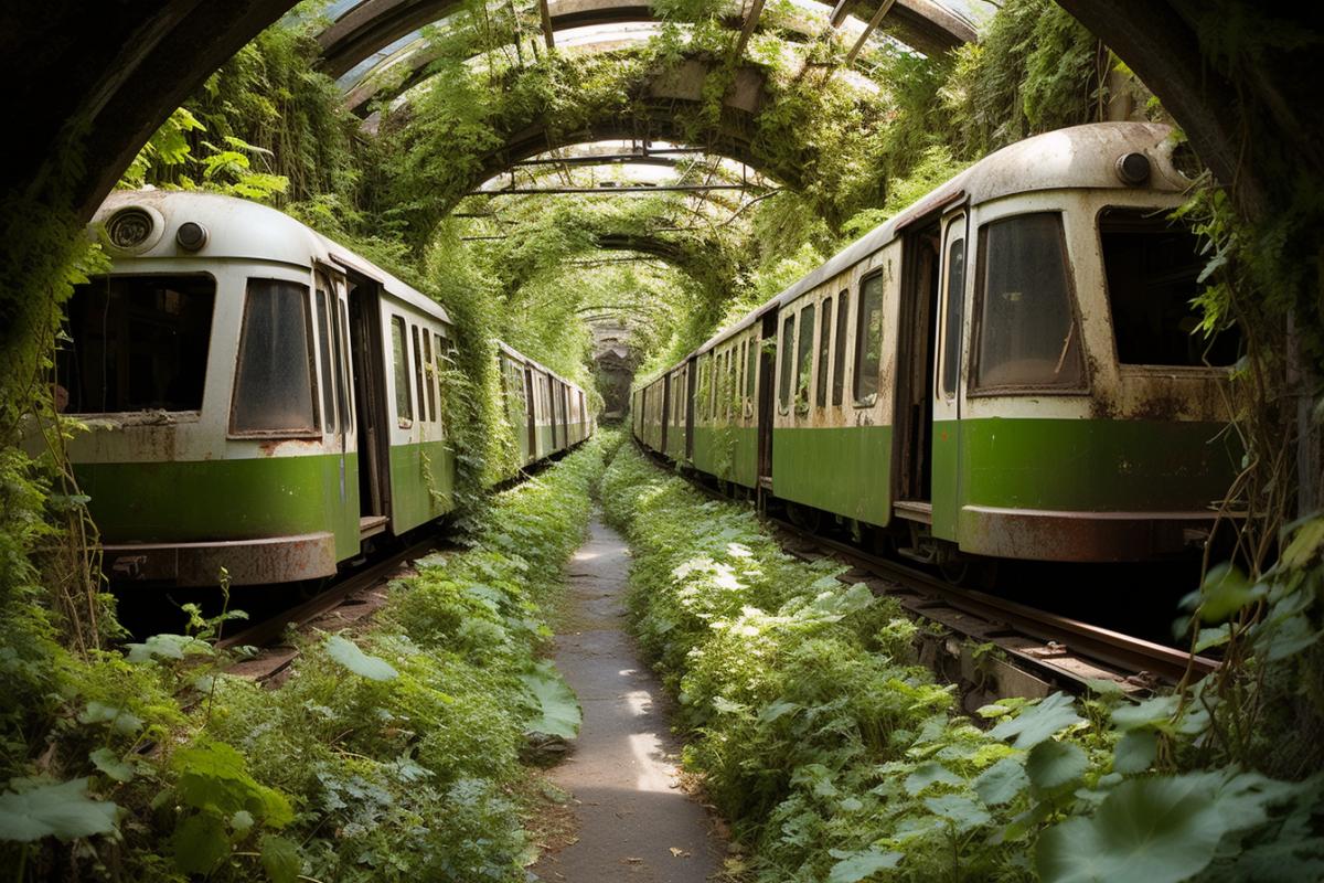 An unusual subway station in Chongqing, China. The station is located in a rural area, surrounded by fields and hills. The station is partially built, with only one exit in use and the other two overgrown with weeds and wilderness. The station looks abandoned, but it was opened in 2015. The medium is photography, with high quality photographs. The technique is shot on a wide angle lens, with high contrast, low saturation, and motion blur. The art style is inspired by The Walking Dead.