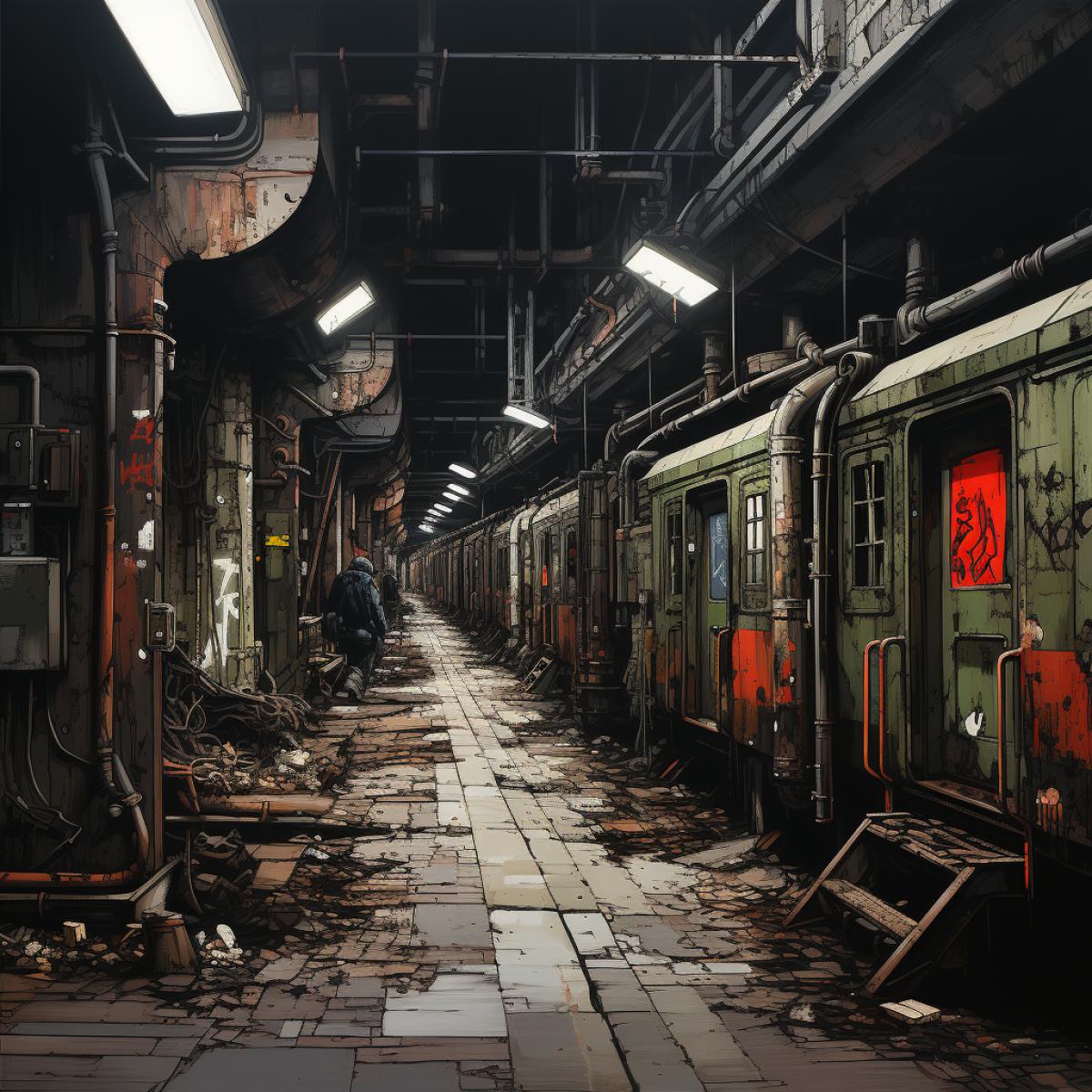 An unusual subway station in New York, USA. The station is a secret base for a group of vigilantes, who use the subway tunnels to fight crime and corruption. The station is filled with weapons, gadgets, and graffiti, and has a dark and gritty atmosphere. The medium is illustration, with pencil and ink on paper. The technique is fine lines, with high contrast, details, and textures. The art style is inspired by David Aja
