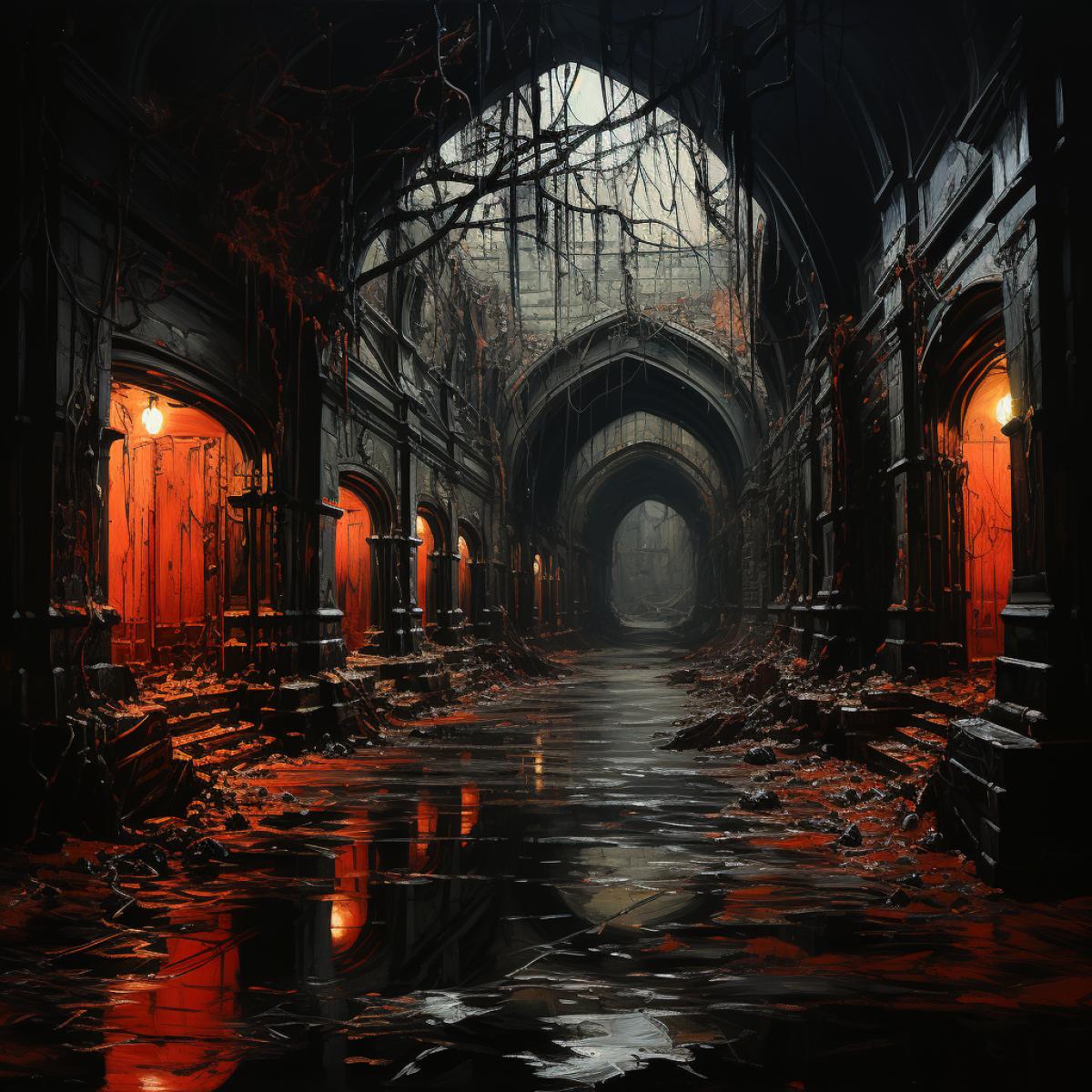 An unusual subway station in London, England. The station is a portal to a nightmarish realm, where twisted creatures and horrors lurk. The station is decorated with red liquid, bones, and candles, and has a Gothic and macabre style. The medium is painting, with oil on canvas. The technique is rough brush strokes, with dark colors, shadows, and splashes. The art style is inspired by red liquidborne