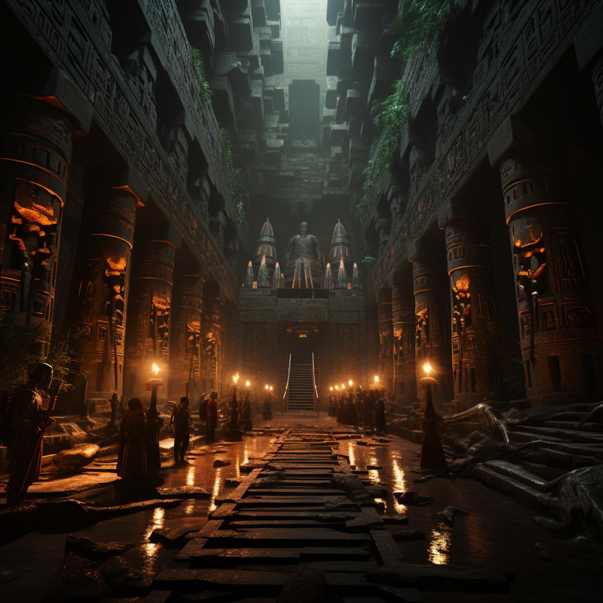 An incredible subway station in Cairo, Egypt. The station is a hidden temple for an ancient cult, who use the subway tunnels to perform rituals and summon dark forces. The station is decorated with hieroglyphs, statues, and candles, and has a mystical atmosphere. The medium is illustration, with pencil and ink on paper. The technique is fine lines, with low contrast, details, and textures. The art style is inspired by David Aja