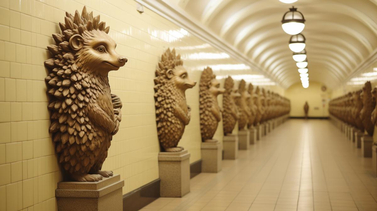 Hedgehog metro station, bas-reliefs in the form of hedgehogs, a spacious hall, columns, a sign with the inscription
