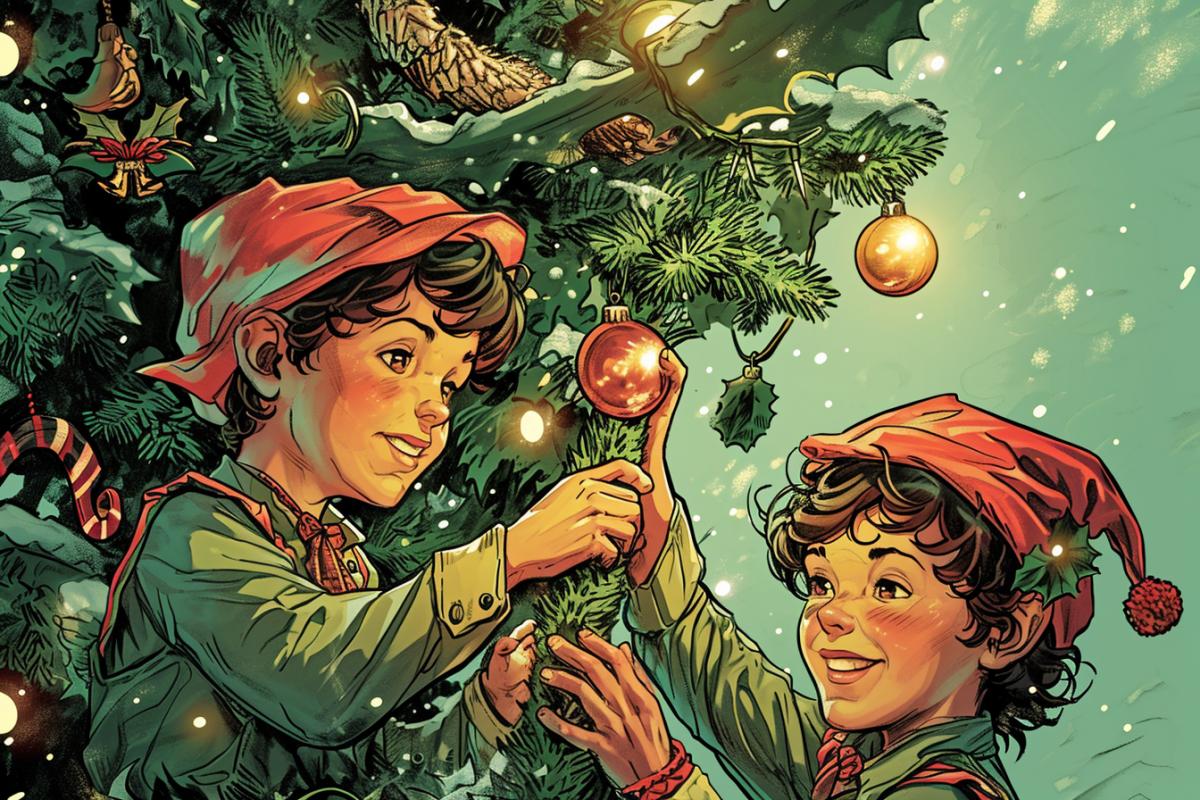 Little elves decorate the Christmas tree, retro comic book cover, comic book style