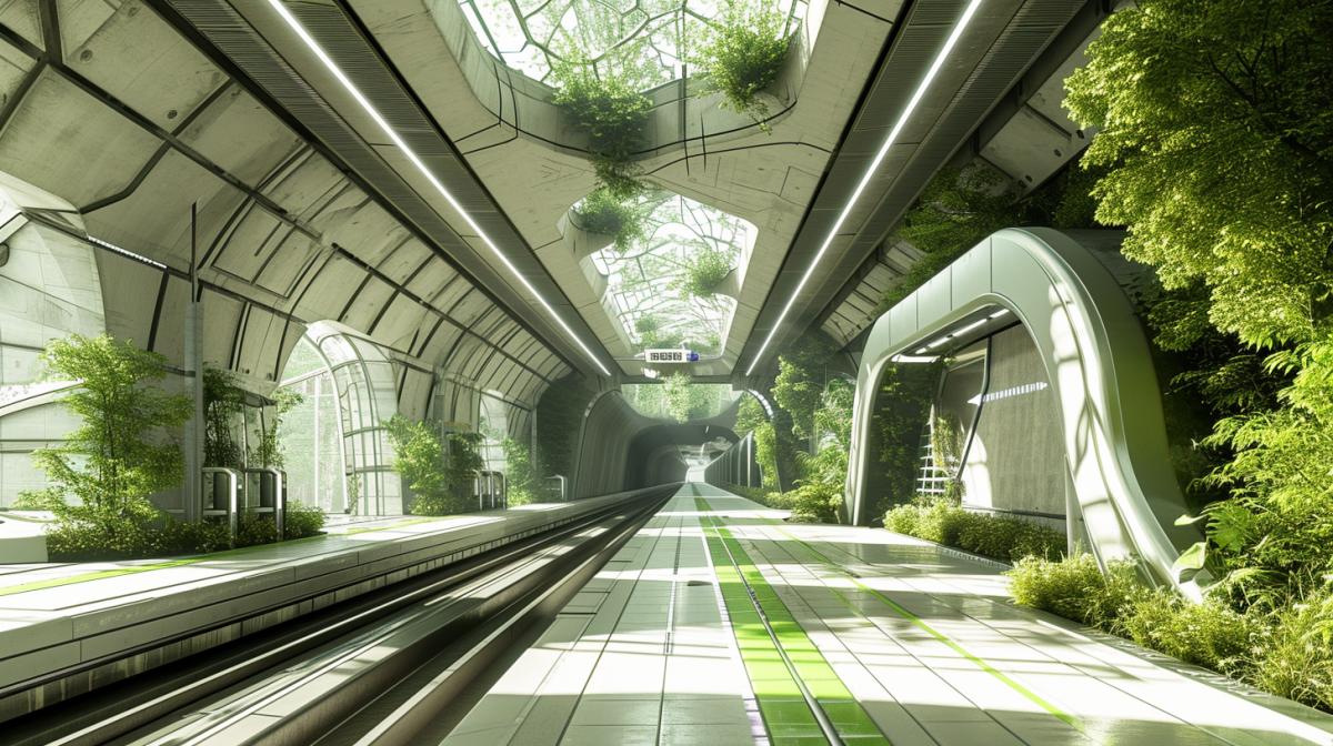 Metro station in EcoFuturist style, featuring Green and white sustainable technology