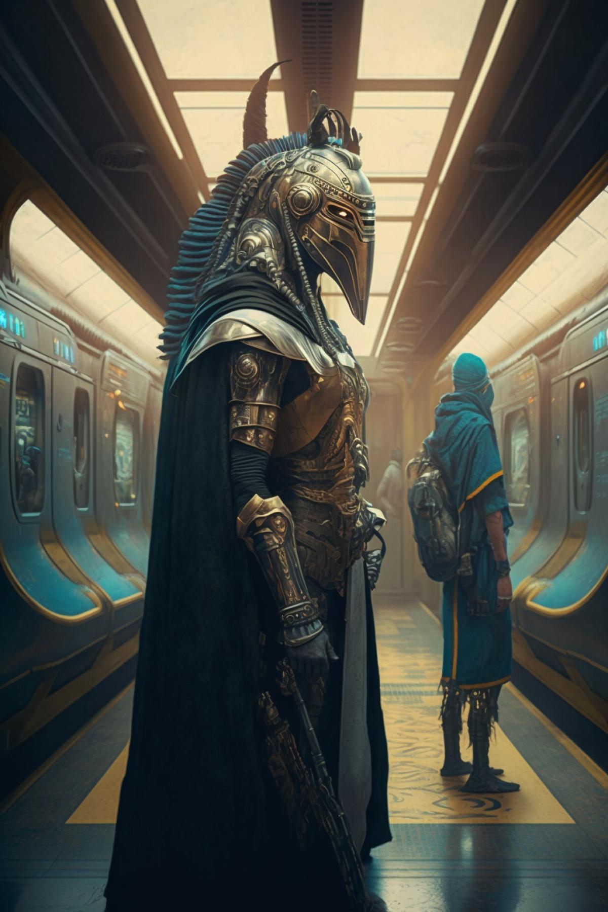 A subway station in a steampunk world where people worship Egyptian gods. The station is full of people wearing cyberpunk exoskeletons. There is a train with an Omon-Ra head on the platform.