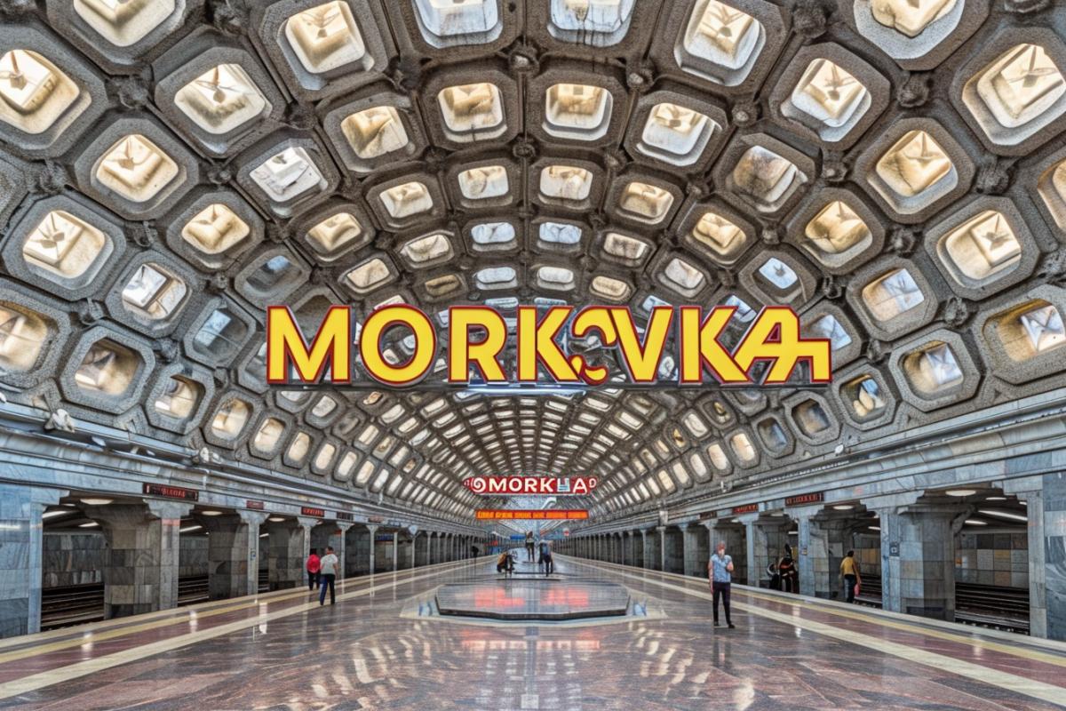 Carrot metro station, a lot of carrots, a large sign with the text \"MORKOVKA\"
